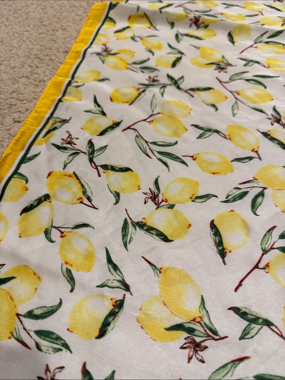 *Lemon Print Silk-Feel Square Scarf - Yellow & White - Picture 3 of 3